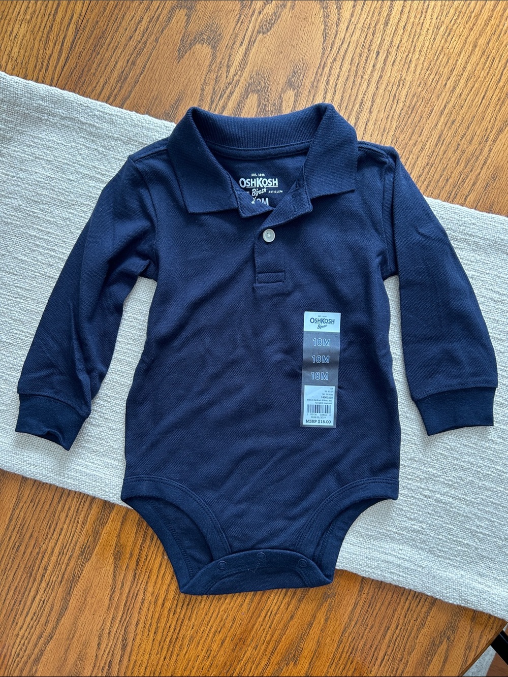 OshKosh B'gosh Navy Long-Sleeve Polo One-Piece Bodysuit Size 18M NWT